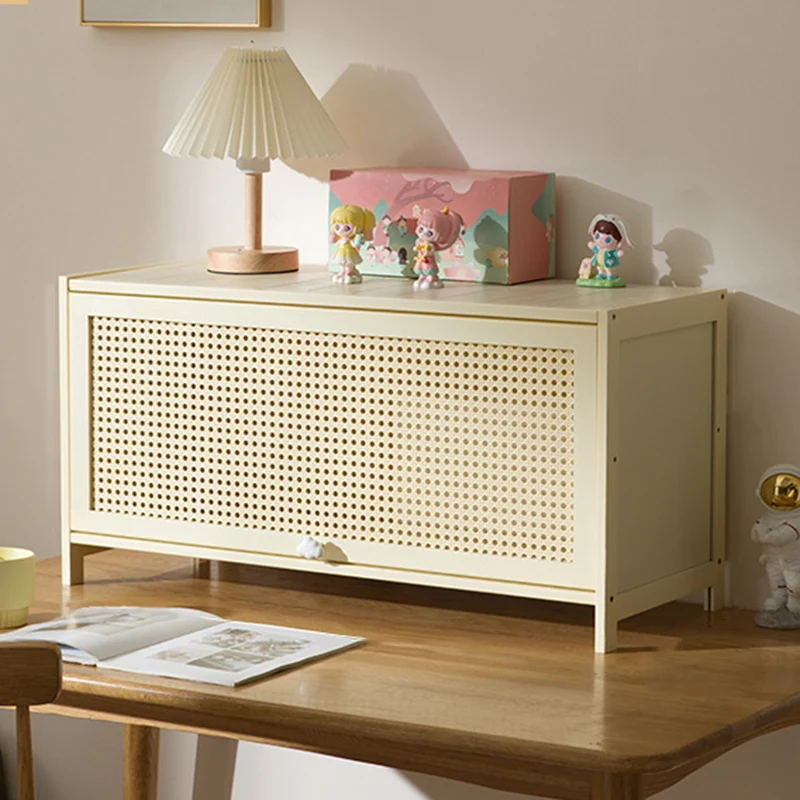 Modern Simplicity Bamboo MDF Rectangular White Storage Shelf Cabinet With Rattan Flip Door 2-5 Tier For Living Room & Office