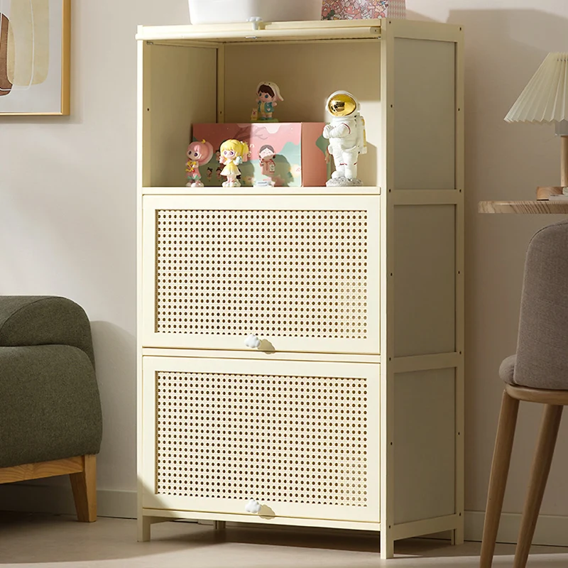 Modern Simplicity Bamboo MDF Rectangular White Storage Shelf Cabinet With Rattan Flip Door 2-5 Tier For Living Room & Office