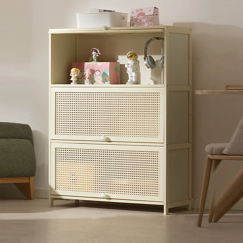 Modern Simplicity Bamboo MDF Rectangular White Storage Shelf Cabinet With Rattan Flip Door 2-5 Tier For Living Room & Office