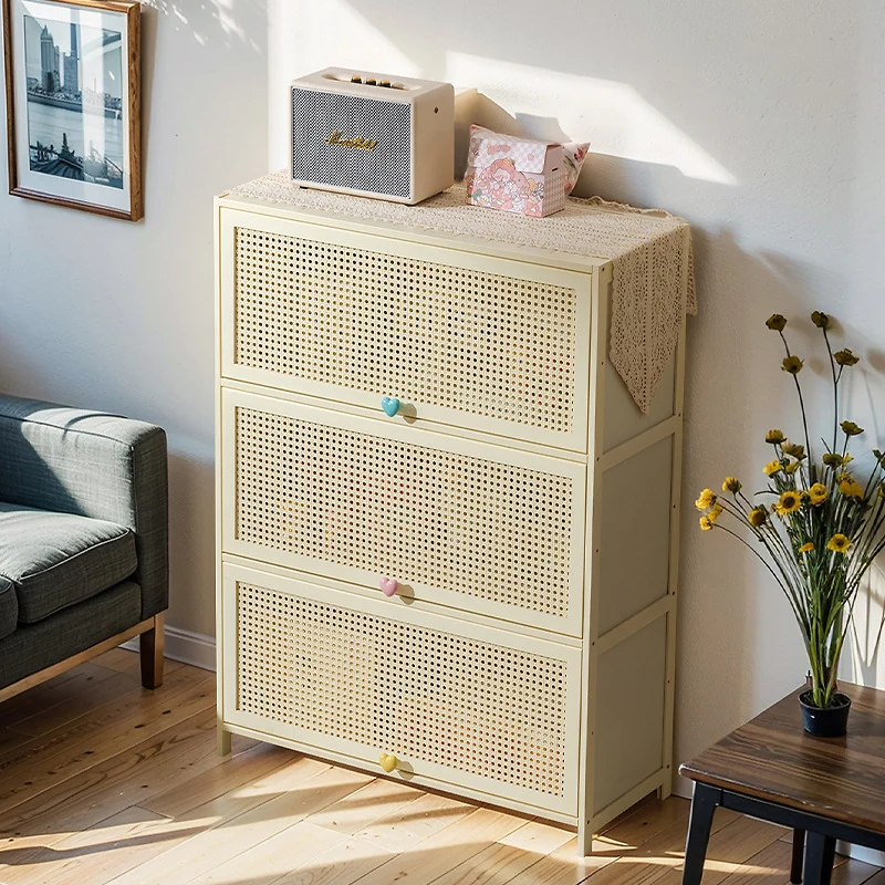 Modern Simplicity Bamboo MDF Rectangular White Storage Shelf Cabinet With Rattan Flip Door 2-5 Tier For Living Room & Office