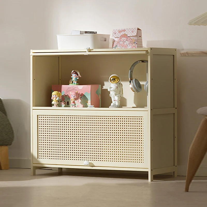 Modern Simplicity Bamboo MDF Rectangular White Storage Shelf Cabinet With Rattan Flip Door 2-5 Tier For Living Room & Office