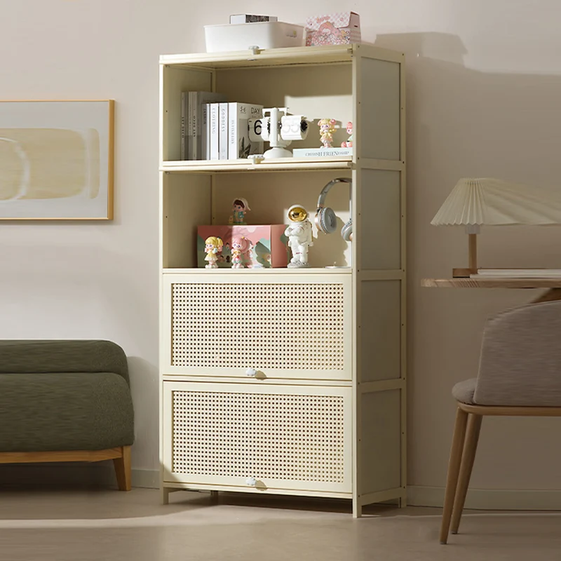Modern Simplicity Bamboo MDF Rectangular White Storage Shelf Cabinet With Rattan Flip Door 2-5 Tier For Living Room & Office