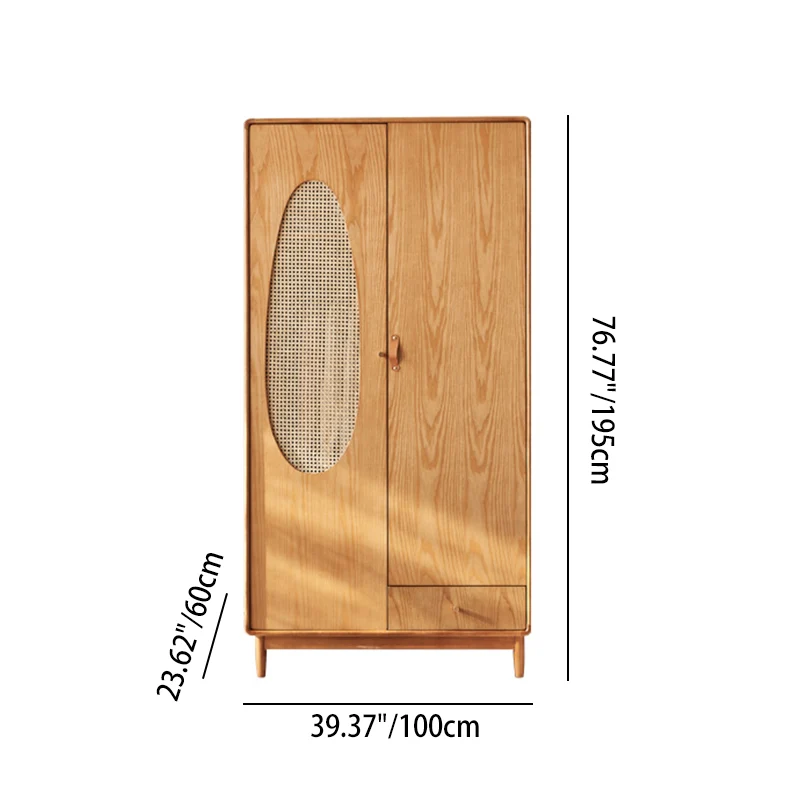 Contemporary Nordic Ash Wood & Plywood Rectangular Minimalist Wardrobe Closet Cabinet With Rattan Doors Space Saving Storage For Bedroom