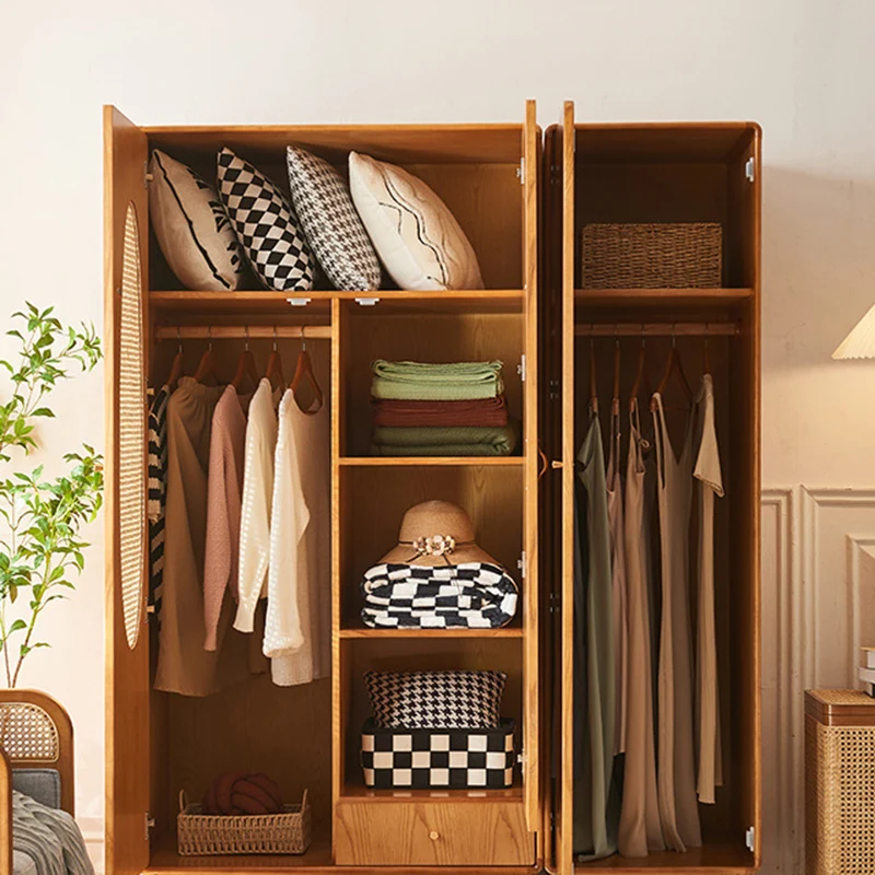 Contemporary Nordic Ash Wood & Plywood Rectangular Minimalist Wardrobe Closet Cabinet With Rattan Doors Space Saving Storage For Bedroom
