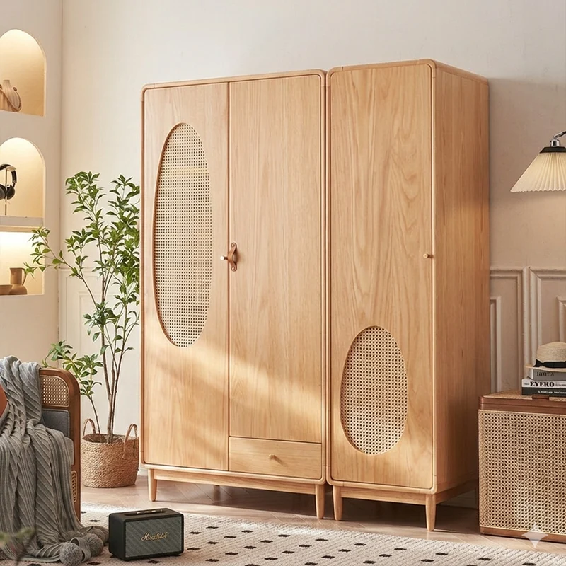 Contemporary Nordic Ash Wood & Plywood Rectangular Minimalist Wardrobe Closet Cabinet With Rattan Doors Space Saving Storage For Bedroom