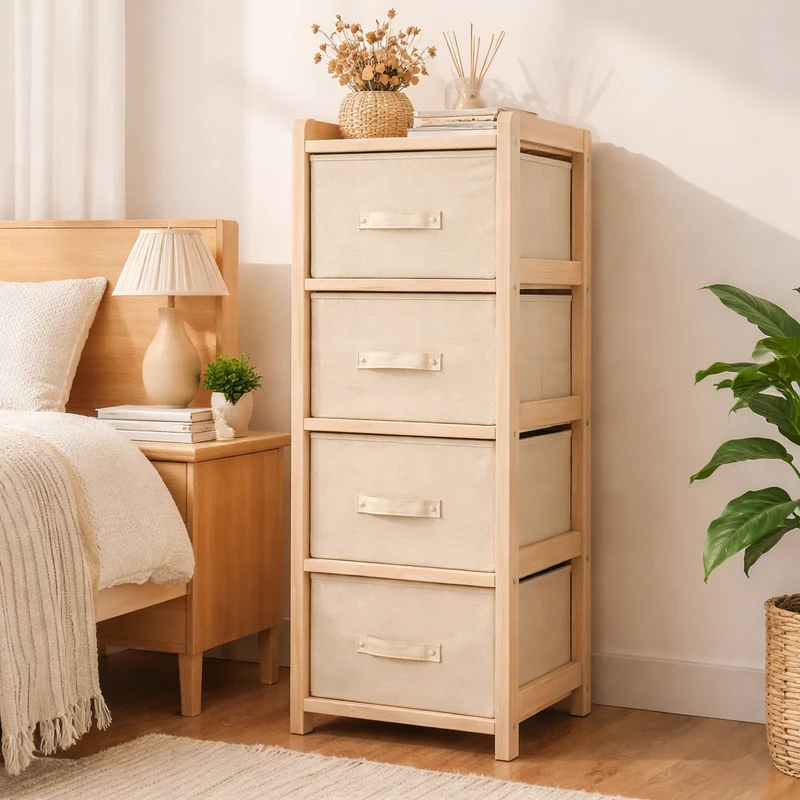 Contemporary Nordic Plywood Oxford Fabric Rectangular Storage Shelf With 3-4 Storage Organizer For Bedroom & Living Room