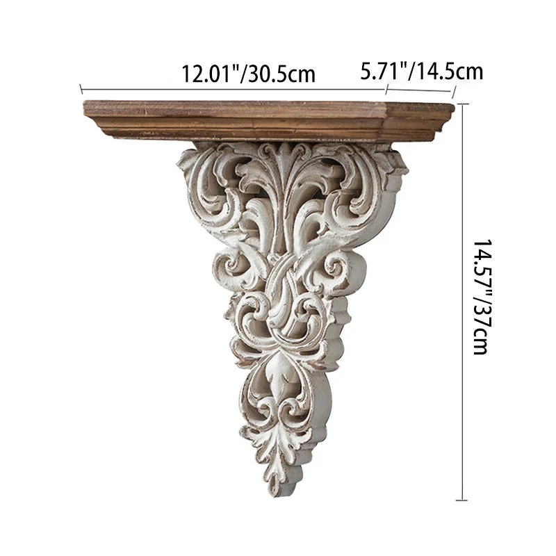 Traditional French MDF Distressed Hollow-Carved Beige & Brown Wooden Wall-Mounted Racks, Room Storage Shelf For Living Room