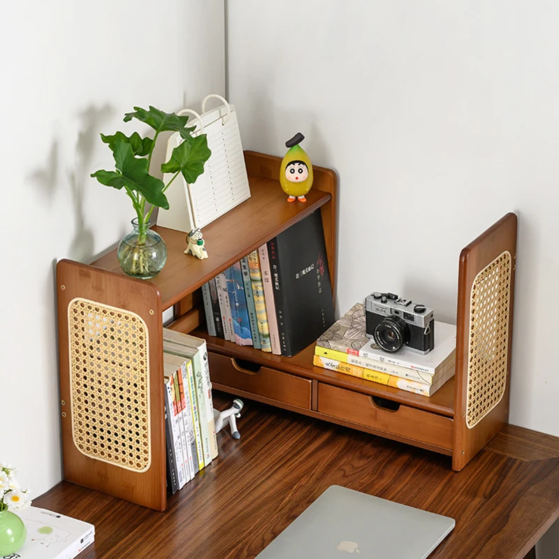 Modern Minimalist Bamboo Expandable Desk Bookshelf With 2 Drawers Organizer For Home Office
