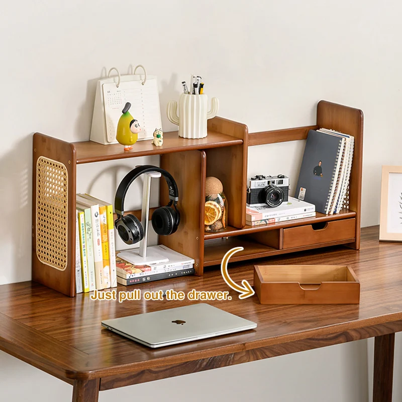 Modern Minimalist Bamboo Expandable Desk Bookshelf With 2 Drawers Organizer For Home Office