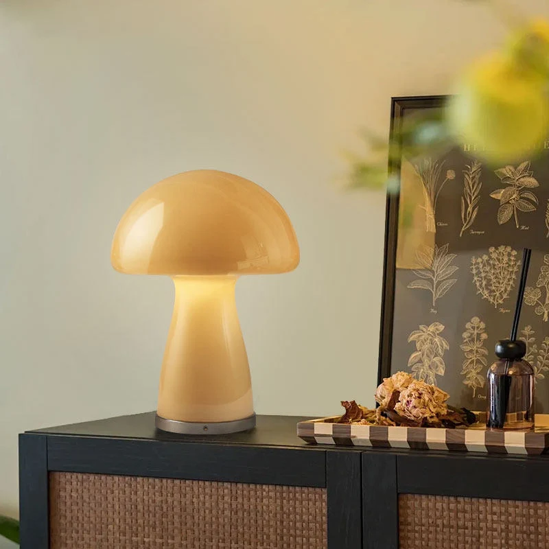 Modern Mushroom Glass Table Lamp - Hand-Blown Glass Shade Aluminum Base LED Ambient Lamp For Bedroom