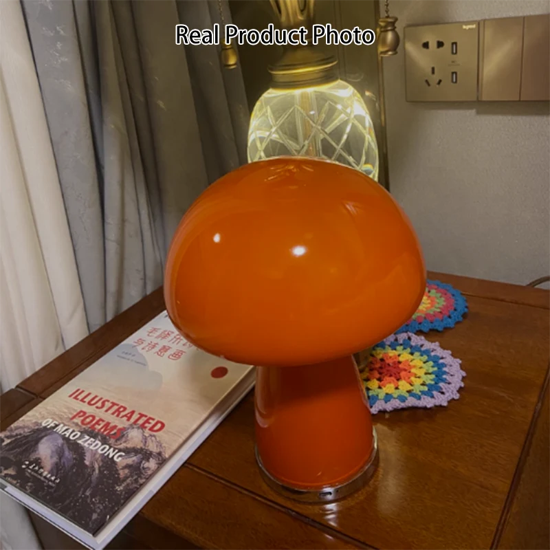 Modern Mushroom Glass Table Lamp - Hand-Blown Glass Shade Aluminum Base LED Ambient Lamp For Bedroom