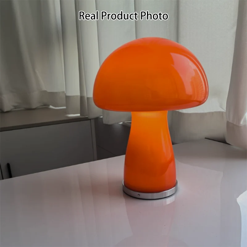 Modern Mushroom Glass Table Lamp - Hand-Blown Glass Shade Aluminum Base LED Ambient Lamp For Bedroom