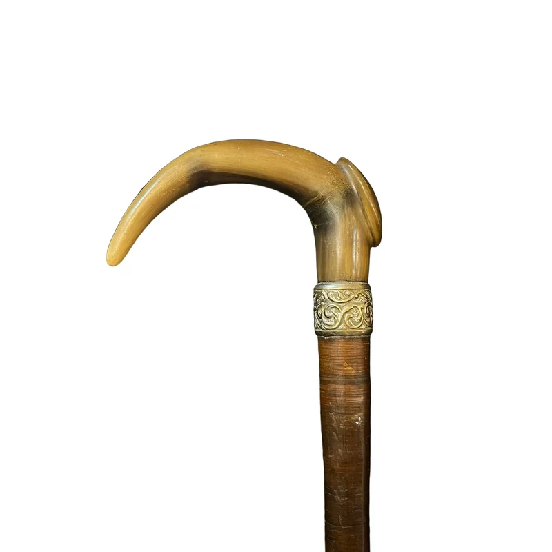 Lady's walking stick, wooden handle with antler sole and metal appliqué. LIVE 3 FEBRUARY
