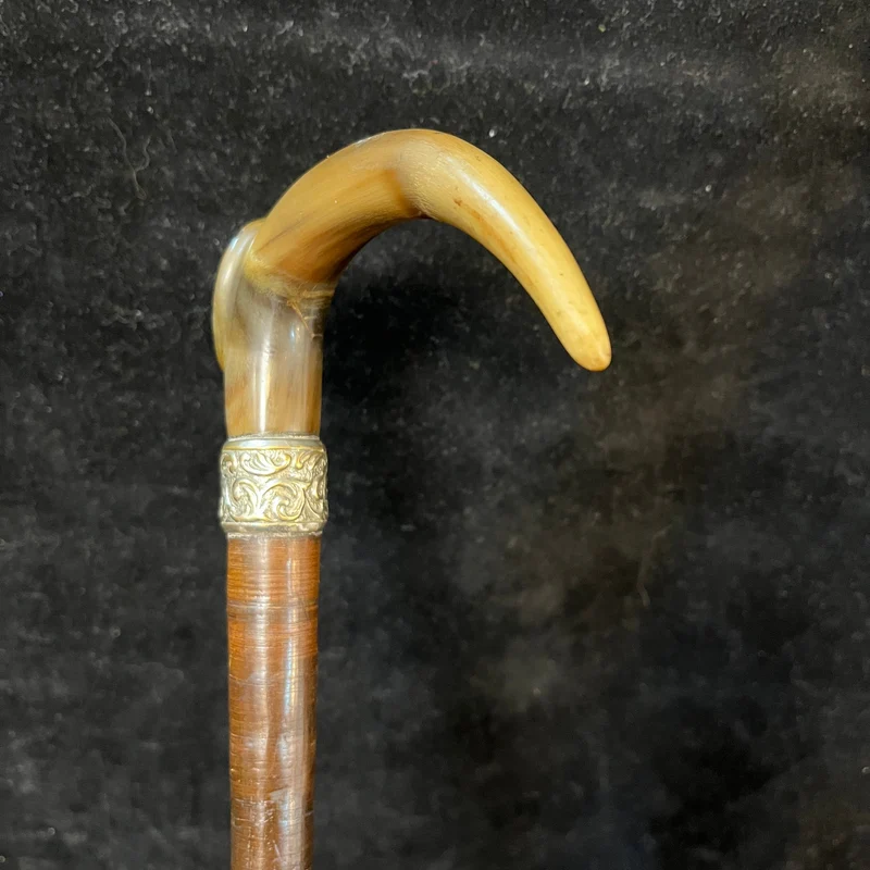 Lady's walking stick, wooden handle with antler sole and metal appliqué. LIVE 3 FEBRUARY