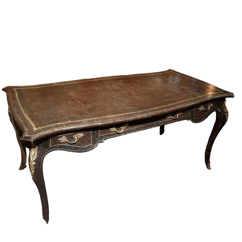 Large French bureau-plat desk with Louis XV style leather top