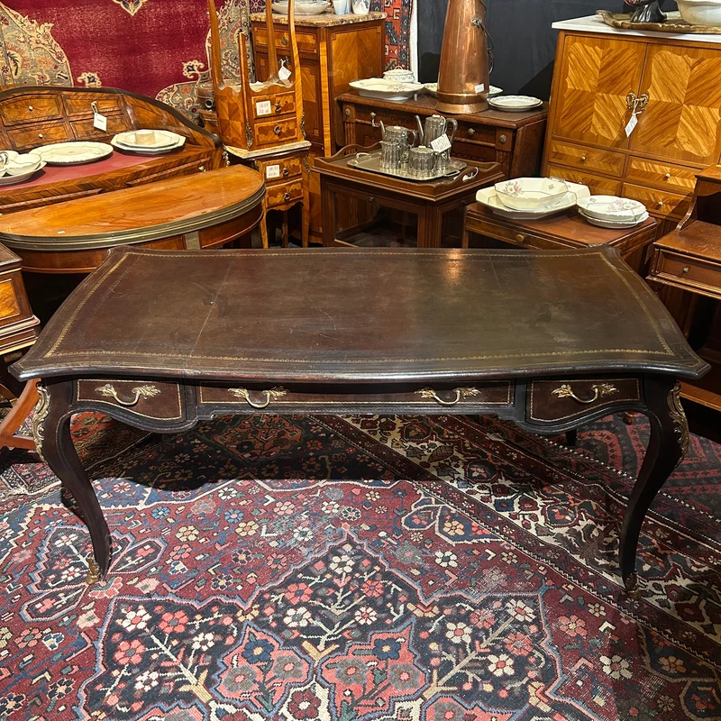 Large French bureau-plat desk with Louis XV style leather top