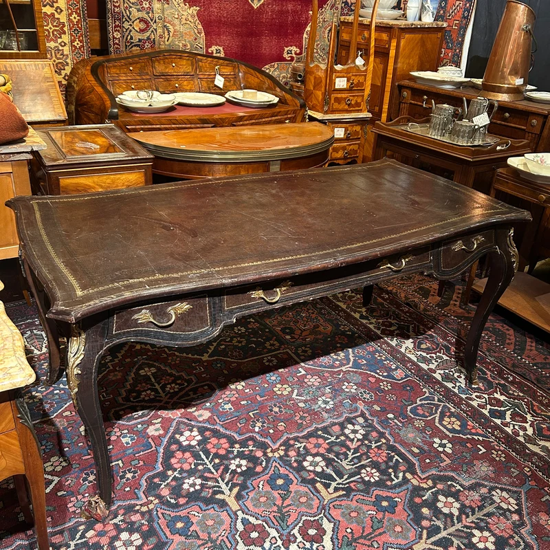 Large French bureau-plat desk with Louis XV style leather top