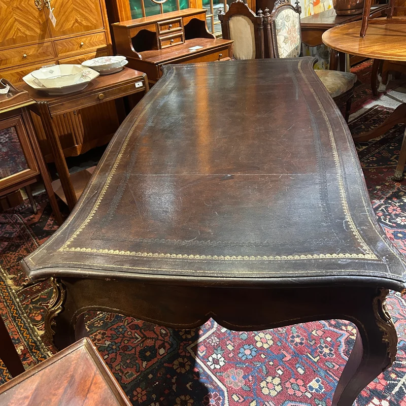 Large French bureau-plat desk with Louis XV style leather top