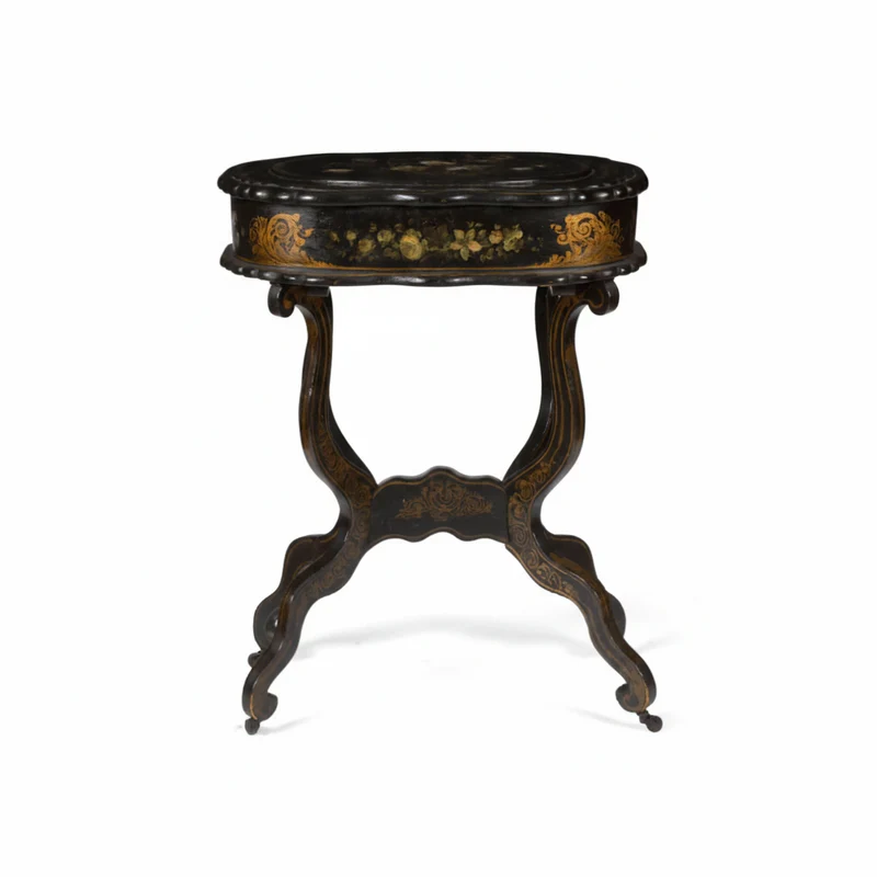 Small black wooden sewing table with French bourgauté decoration