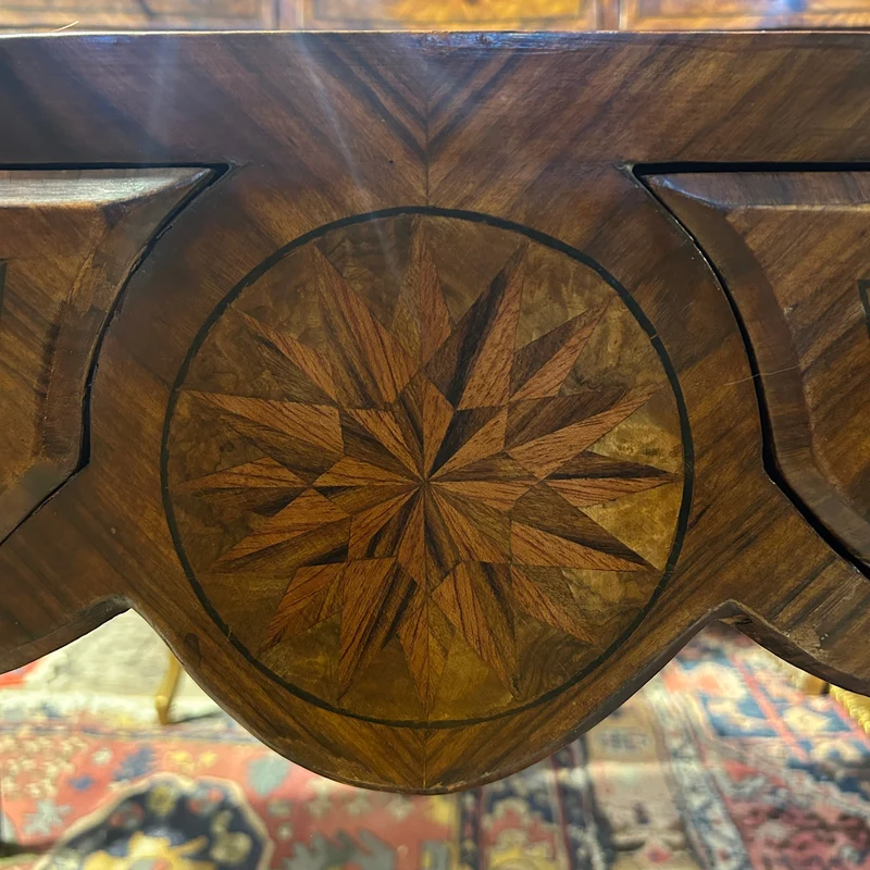 French Louis XV desk, fine marquetry, bombé-contra-bombé, early 20th century