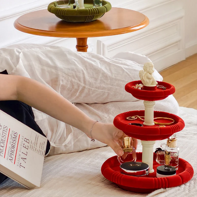 Contemporary Creative Resin Flocked Wishing Fountain-Inspired Design Swivel Desktop Storage Shelf 3-Tier For Perfume, Cosmetics & Aromatherapy For Living Room & Entryway