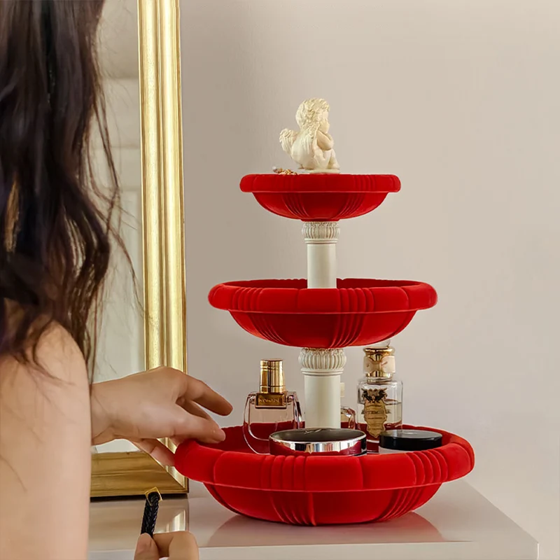 Contemporary Creative Resin Flocked Wishing Fountain-Inspired Design Swivel Desktop Storage Shelf 3-Tier For Perfume, Cosmetics & Aromatherapy For Living Room & Entryway
