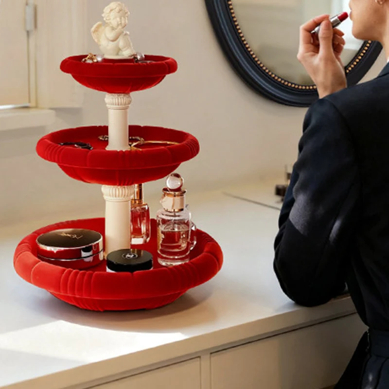 Contemporary Creative Resin Flocked Wishing Fountain-Inspired Design Swivel Desktop Storage Shelf 3-Tier For Perfume, Cosmetics & Aromatherapy For Living Room & Entryway