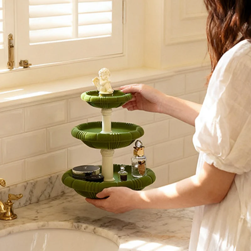 Contemporary Creative Resin Flocked Wishing Fountain-Inspired Design Swivel Desktop Storage Shelf 3-Tier For Perfume, Cosmetics & Aromatherapy For Living Room & Entryway