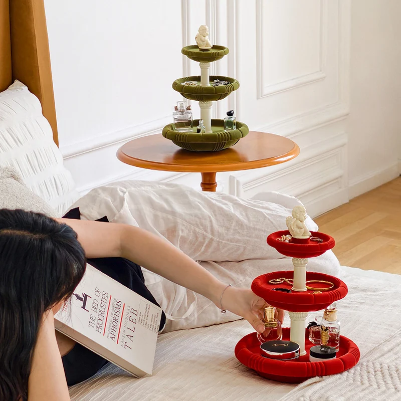 Contemporary Creative Resin Flocked Wishing Fountain-Inspired Design Swivel Desktop Storage Shelf 3-Tier For Perfume, Cosmetics & Aromatherapy For Living Room & Entryway