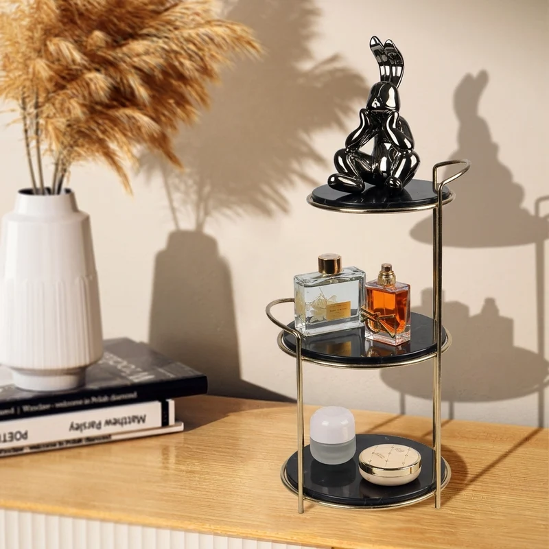 Modern Minimalist Marble PU Leather Hardware Round Desktop Storage Shelf 3-Tier Large Capacity Storage For Living Room & Entryway
