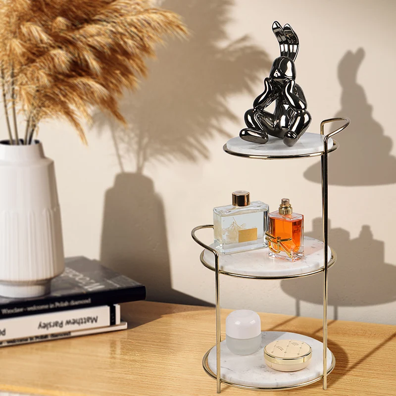Modern Minimalist Marble PU Leather Hardware Round Desktop Storage Shelf 3-Tier Large Capacity Storage For Living Room & Entryway