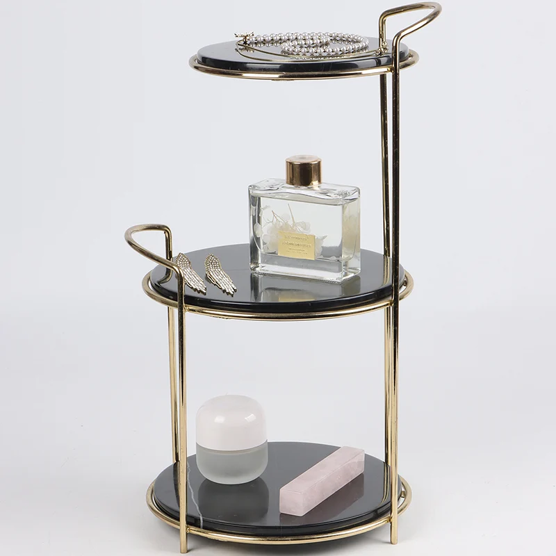 Modern Minimalist Marble PU Leather Hardware Round Desktop Storage Shelf 3-Tier Large Capacity Storage For Living Room & Entryway