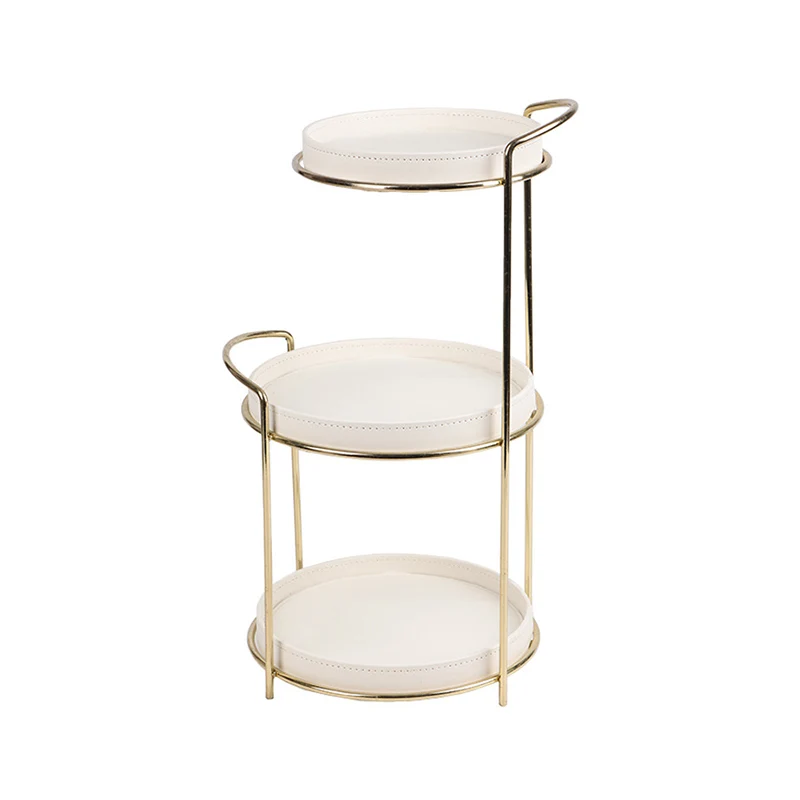 Modern Minimalist Marble PU Leather Hardware Round Desktop Storage Shelf 3-Tier Large Capacity Storage For Living Room & Entryway