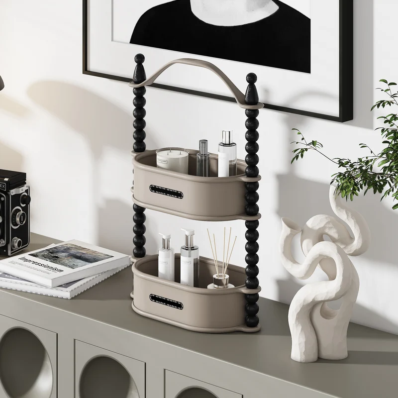 Contemporary Nordic High-Density Resin Oak Wood Oval Desktop Storage Shelf 1/2-Tier For Living Room & Entryway