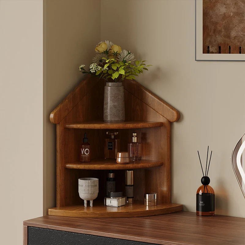 Contemporary Retro Rubberwood House-shape Fan-shaped Desktop Storage Shelf 3-Tier Corner Organizer For Living Room & Entryway