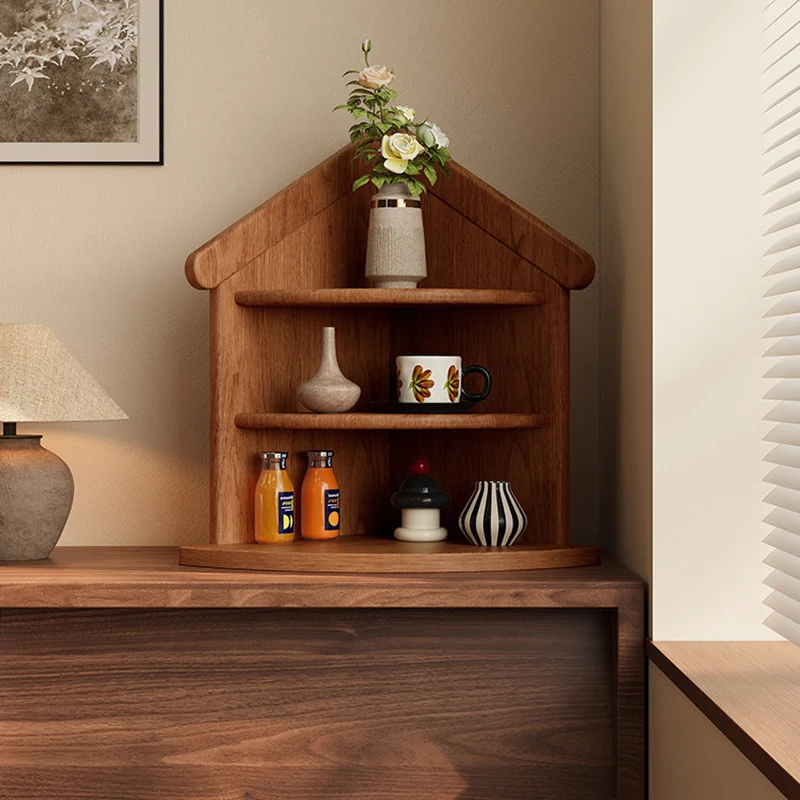 Contemporary Retro Rubberwood House-shape Fan-shaped Desktop Storage Shelf 3-Tier Corner Organizer For Living Room & Entryway