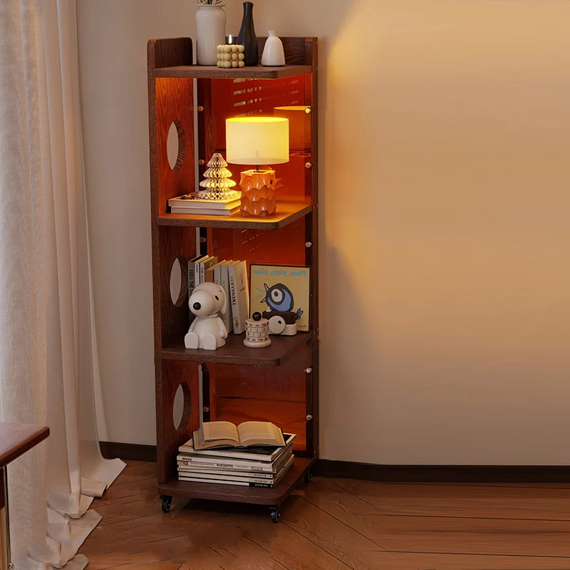 Modern Mid-Century Rectangular Rubberwood Movable Floor-Standing Corner Storage Shelf 4-Tier For Living Room & Bedroom