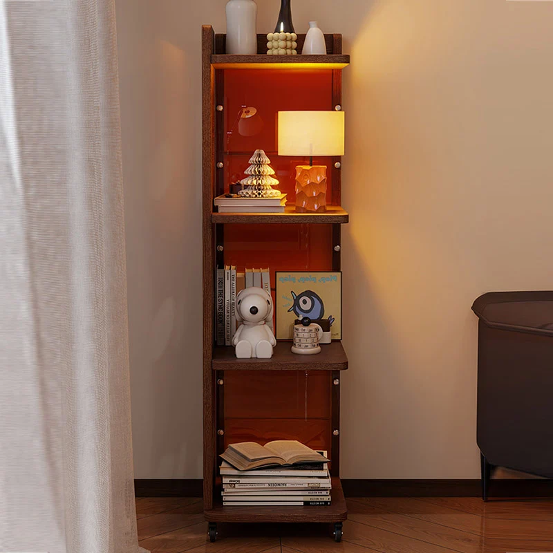 Modern Mid-Century Rectangular Rubberwood Movable Floor-Standing Corner Storage Shelf 4-Tier For Living Room & Bedroom