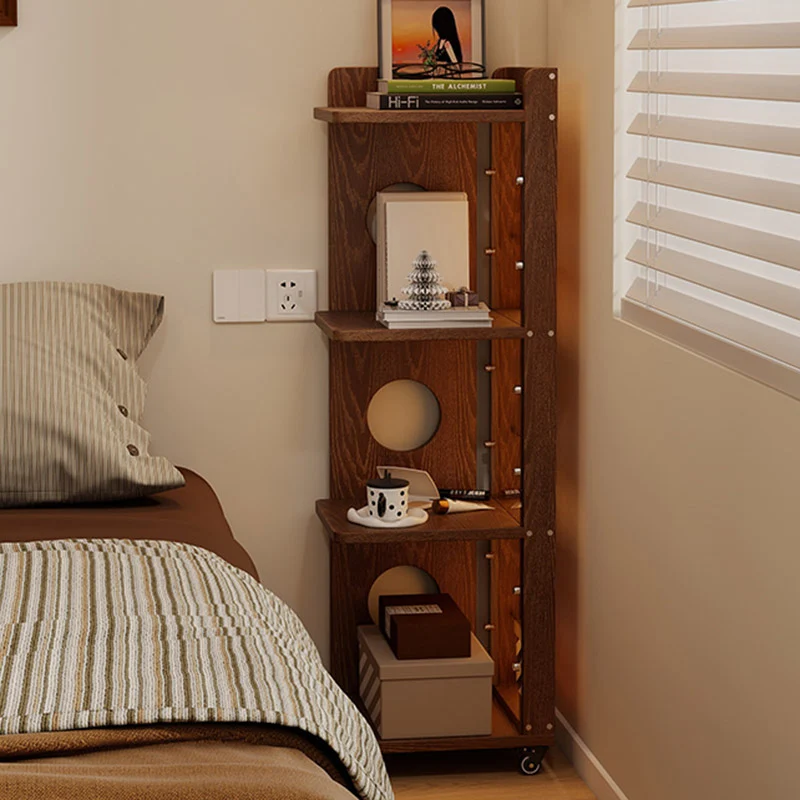 Modern Mid-Century Rectangular Rubberwood Movable Floor-Standing Corner Storage Shelf 4-Tier For Living Room & Bedroom