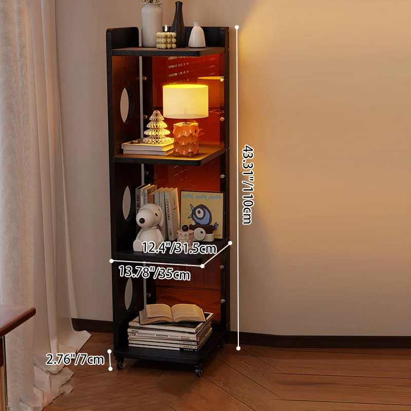 Modern Mid-Century Rectangular Rubberwood Movable Floor-Standing Corner Storage Shelf 4-Tier For Living Room & Bedroom