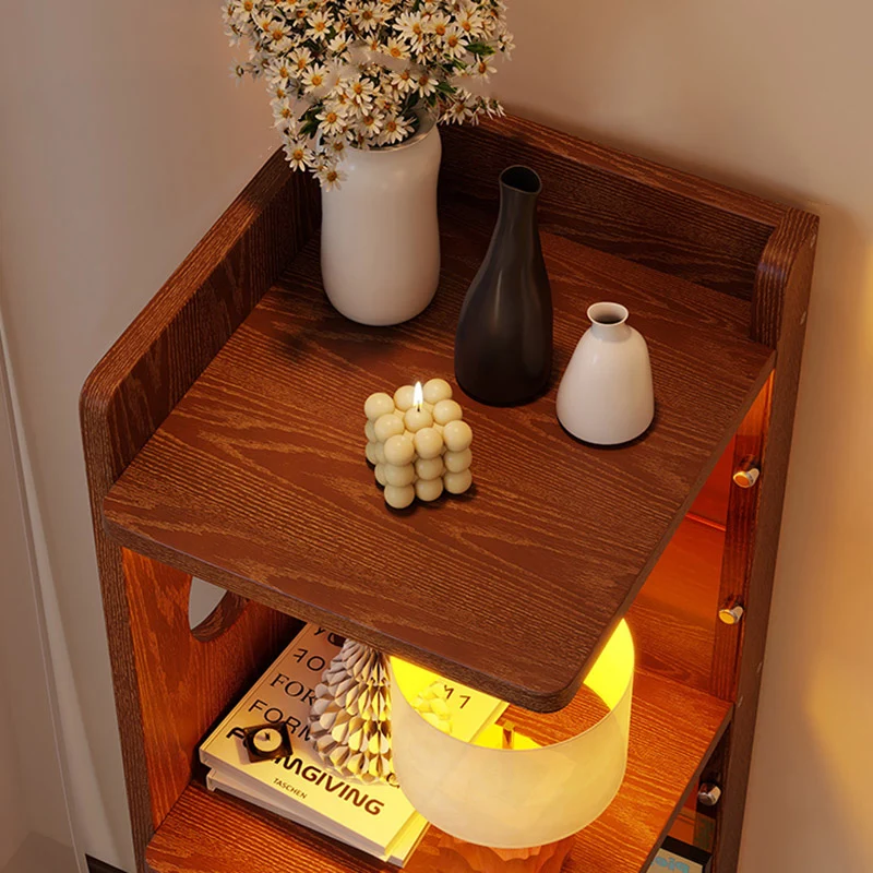 Modern Mid-Century Rectangular Rubberwood Movable Floor-Standing Corner Storage Shelf 4-Tier For Living Room & Bedroom