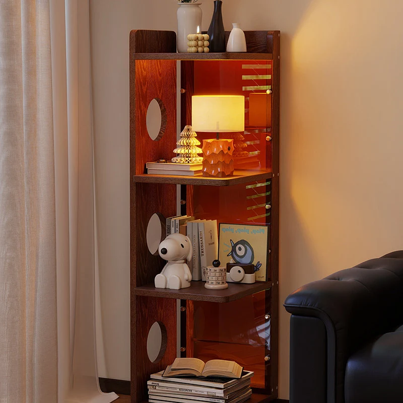 Modern Mid-Century Rectangular Rubberwood Movable Floor-Standing Corner Storage Shelf 4-Tier For Living Room & Bedroom