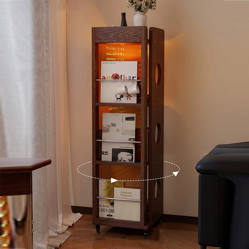 Modern Mid-Century Rectangular Rubberwood Movable Floor-Standing Corner Storage Shelf 4-Tier For Living Room & Bedroom