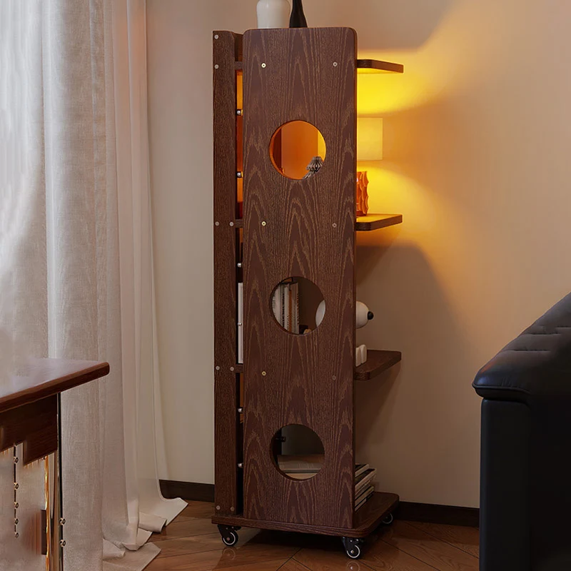 Modern Mid-Century Rectangular Rubberwood Movable Floor-Standing Corner Storage Shelf 4-Tier For Living Room & Bedroom