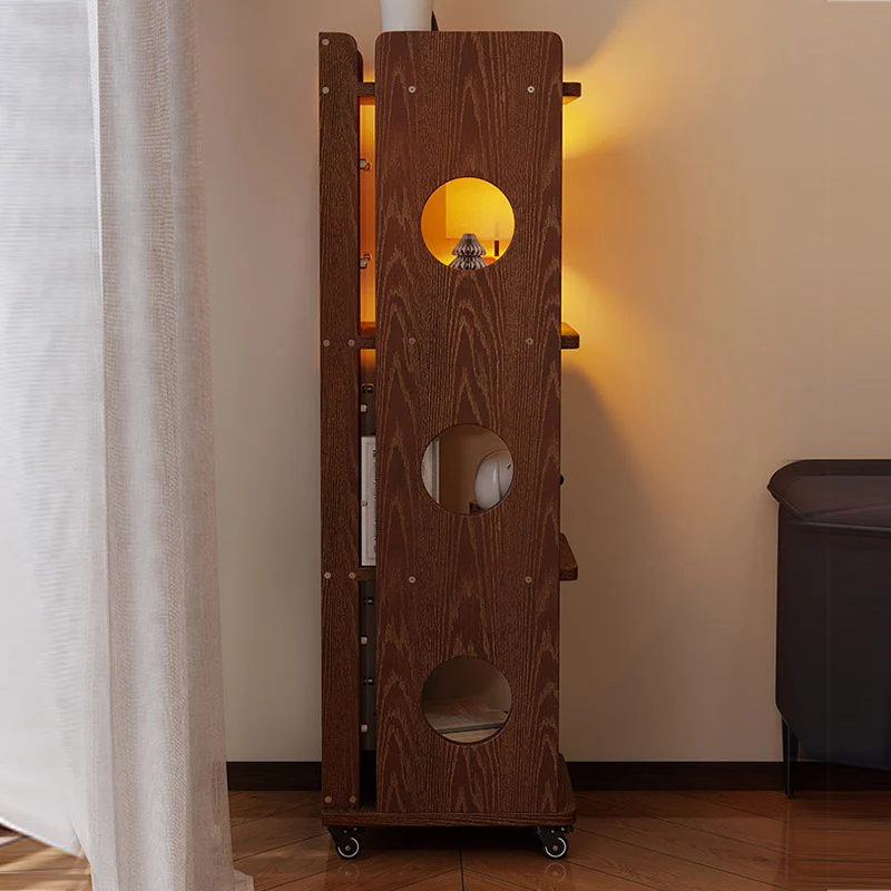 Modern Mid-Century Rectangular Rubberwood Movable Floor-Standing Corner Storage Shelf 4-Tier For Living Room & Bedroom