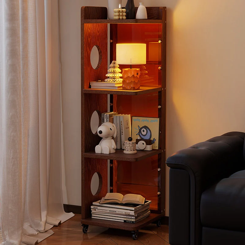 Modern Mid-Century Rectangular Rubberwood Movable Floor-Standing Corner Storage Shelf 4-Tier For Living Room & Bedroom
