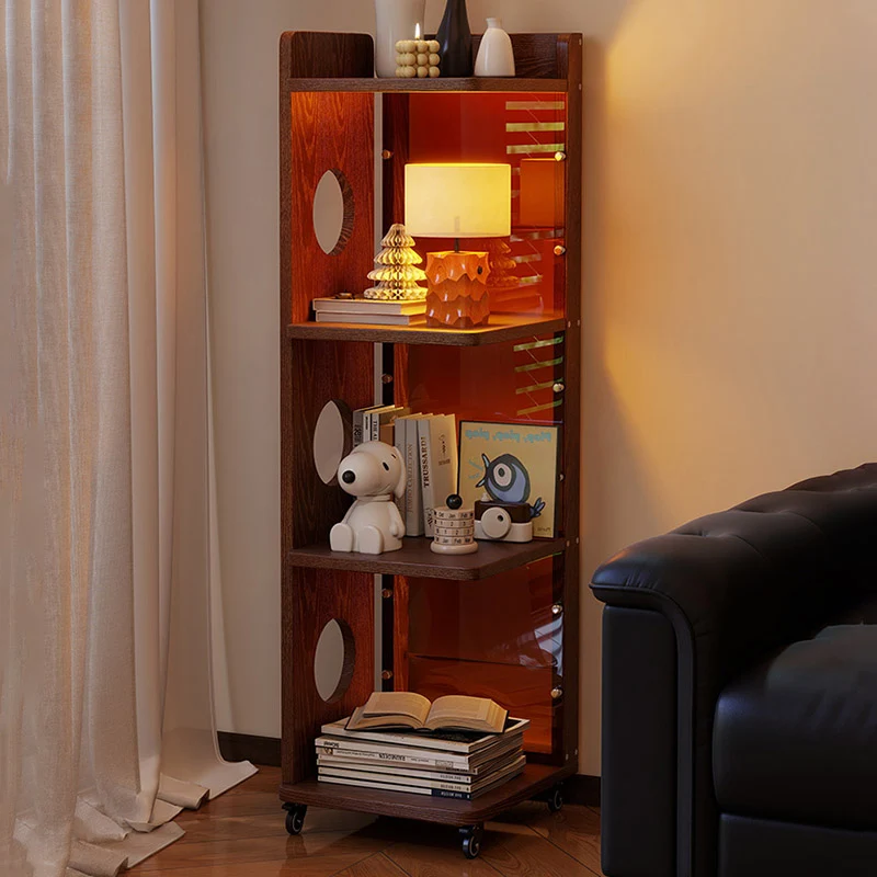 Modern Mid-Century Rectangular Rubberwood Movable Floor-Standing Corner Storage Shelf 4-Tier For Living Room & Bedroom