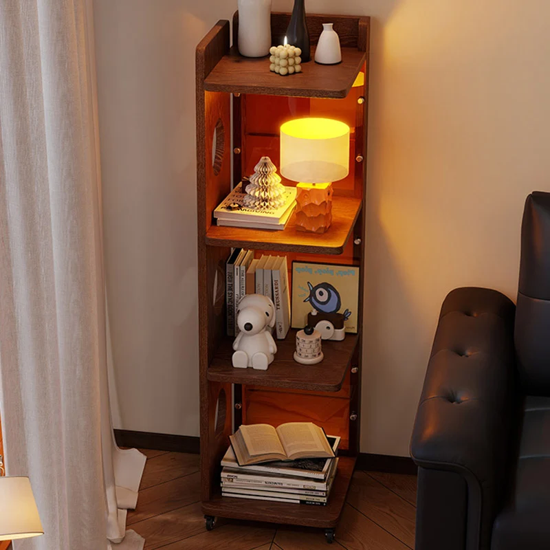 Modern Mid-Century Rectangular Rubberwood Movable Floor-Standing Corner Storage Shelf 4-Tier For Living Room & Bedroom
