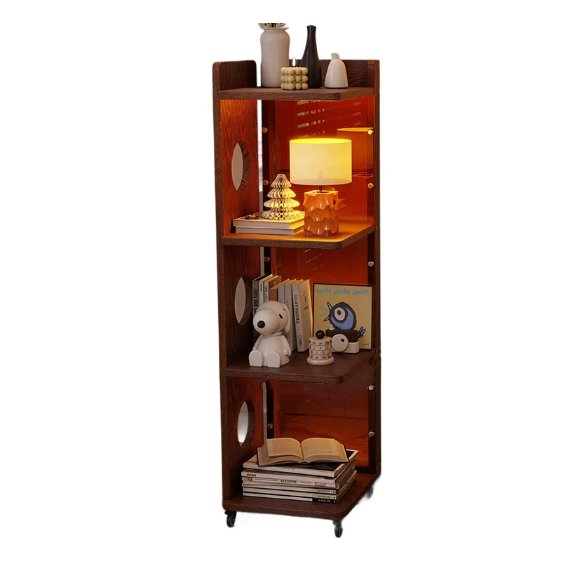 Modern Mid-Century Rectangular Rubberwood Movable Floor-Standing Corner Storage Shelf 4-Tier For Living Room & Bedroom
