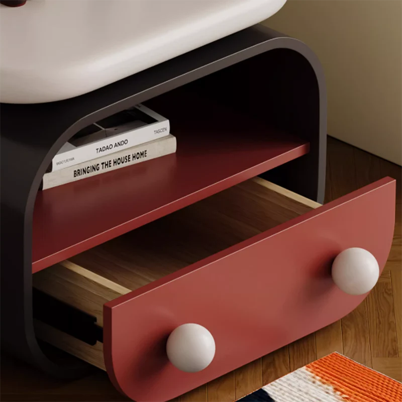 Contemporary Scandinavian Oval Plywood Pine Wood Nightstand 1-Drawer For Bedroom